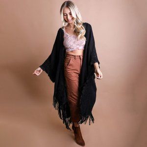 Black Open Work Frayed Border Ruana